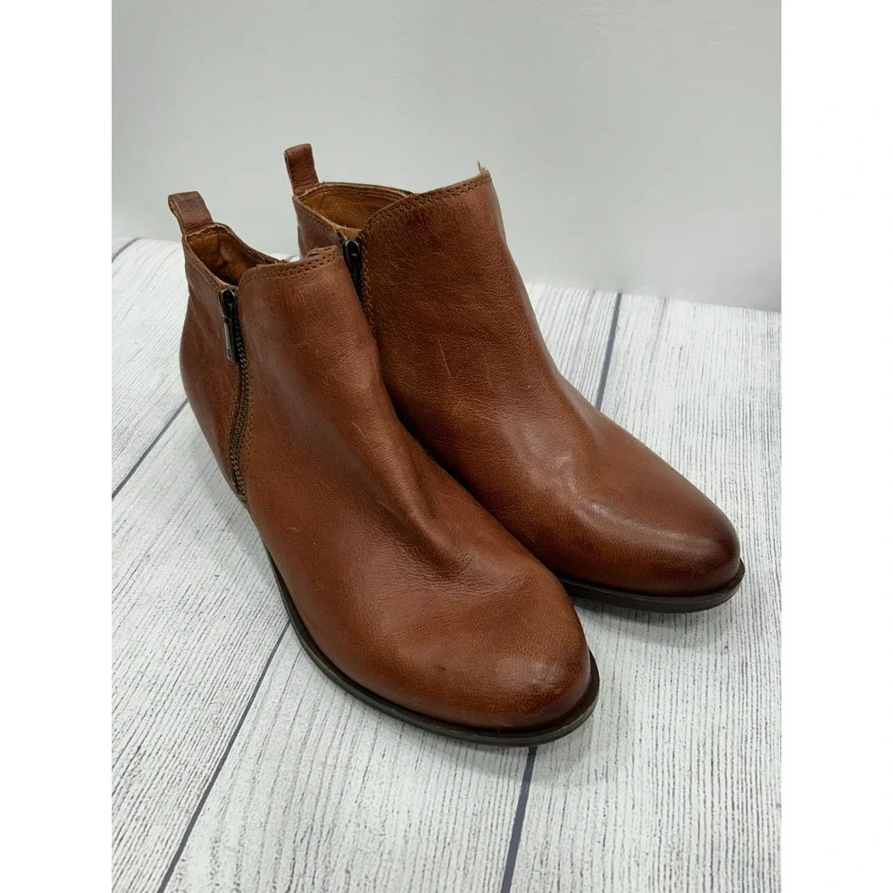 Lucky Brand Basel Ankle Boots Womens 10M Brown Leather Side Zip‎ Block Heel